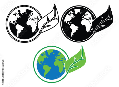 nature earth icons from a combination of globe symbols and plants in various styles on a white background