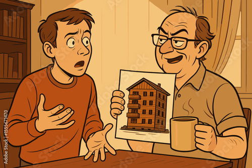 Young man expressing surprise while elderly man shows house drawing  