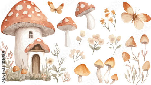 Autumn forest illustration of various edible and poisonous fungi, a vibrant set of mushrooms among leaves and grass