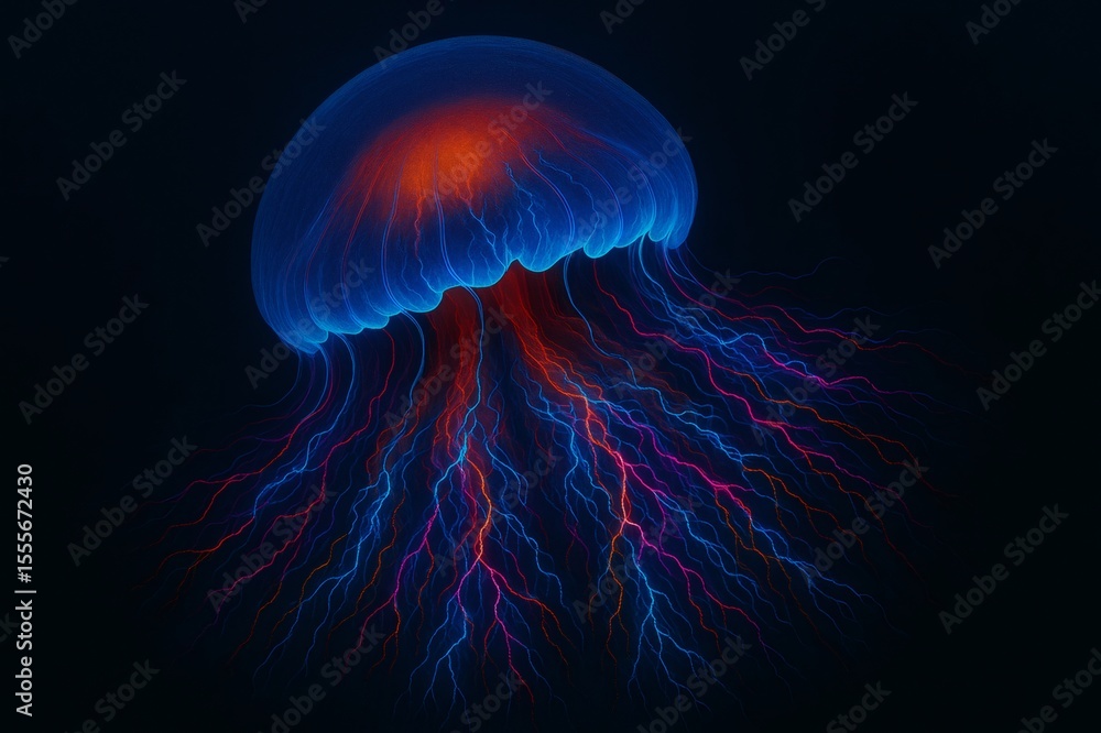 Fototapeta premium Luminous jellyfish floating in the dark deep ocean with colorful tentacles