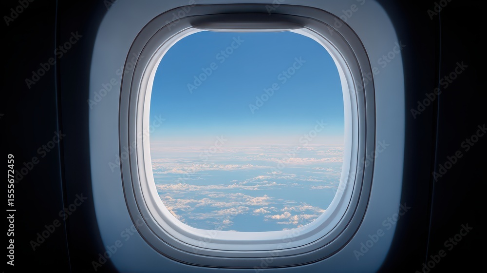 A Captivating View from an Airplane Window Showcasing a Vast Sky and Billowing Clouds During Flight, Offering a Serene Perspective on High Altitudes A Captivating View from an Airplane Window Showcasing a Vast Sky and Billowing Clouds During Flight, Offering a Serene Perspective on High Altitudes