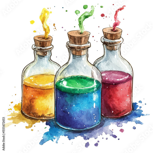 Colorful Potions, watercolor vector, isolated on a white background.