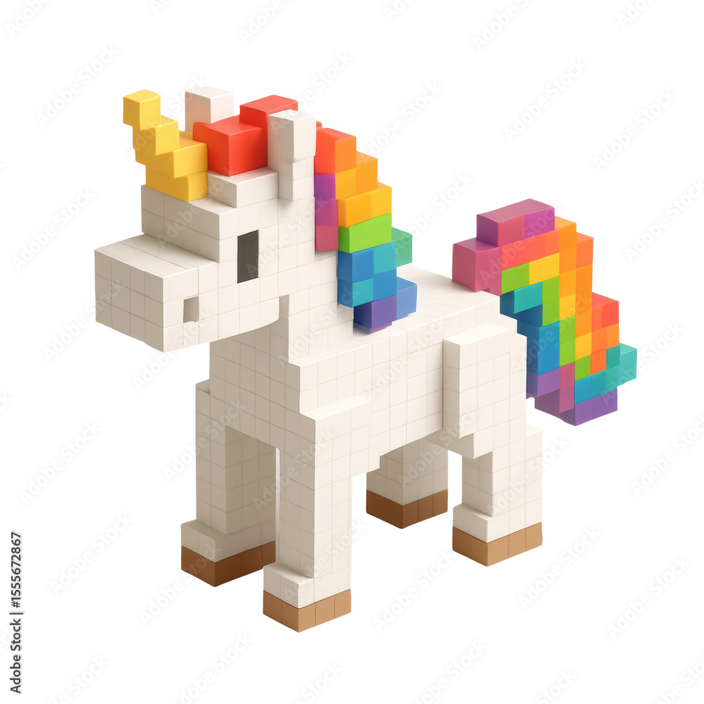 Obraz premium A charming pixel art unicorn with a white body and a vibrant rainbow mane and tail. Ideal for fantasy, gaming, or children themed designs.