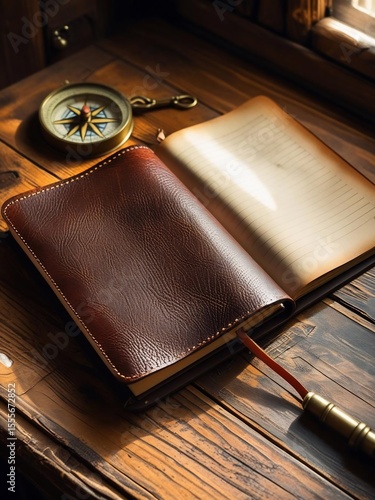 Vintage Exploration Awaits Leather Bound Journal and Compass Still Life