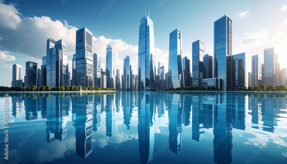 Fototapeta premium Modern Skyscrapers Mirrored in a Calm Water Feature