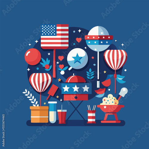 USA Flag and Fireworks in Flat Cartoon Style

