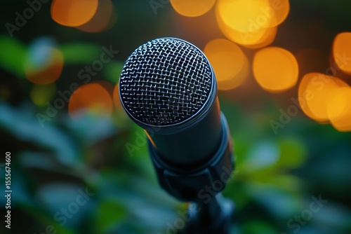 Close-up microphone on the table during a podcast recording session, highlighting digital content creation., Generative AI