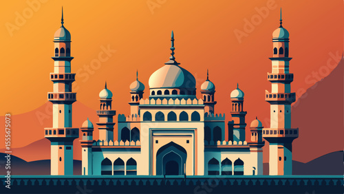 A graphic depiction of a mosque against an orange background landscape illustration