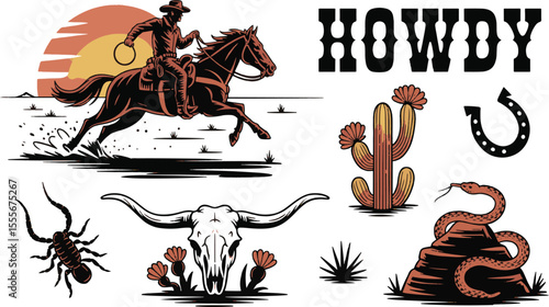 "Wild West Cowboy Vector Set – Rodeo Rider, Western Hat, Boots, Cactus, Skull, Snake, Scorpion, Horseshoe & Mountain Landscape Elements for Vintage Western Design"

