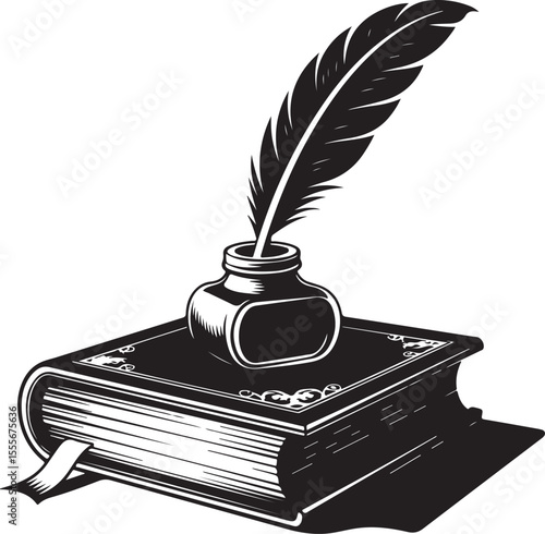 Vintage Quill and Book Vector Classic Writing and Literature Symbol
