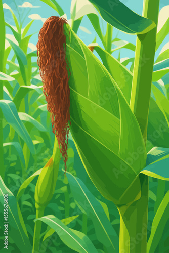 This digital illustration shows a healthy corn plant in a bright and vibrant cornfield. The focus is on an ear of corn still covered in its green husk, with reddish-brown corn silk cascading down from