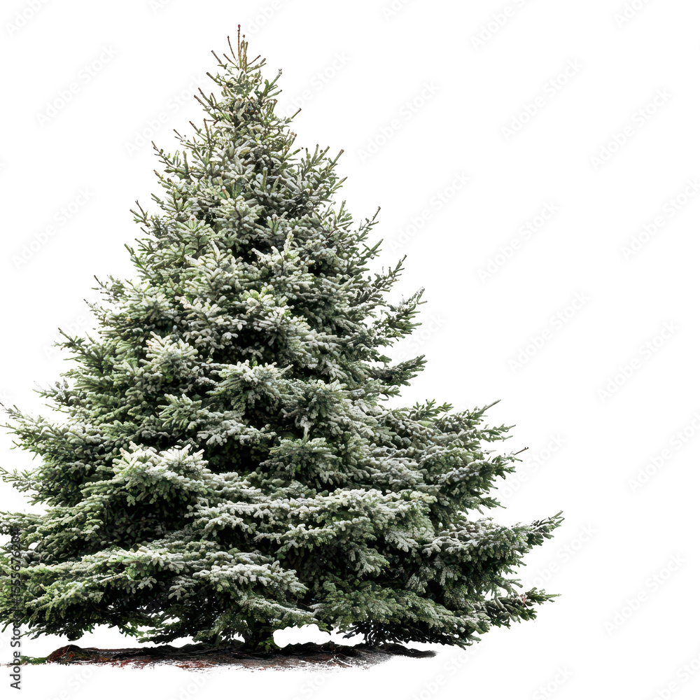 Fototapeta premium Snow-Covered Evergreen Tree Standing Majestically Against a White Background, Showcasing the Beauty and Tranquility of Winter's Embrace