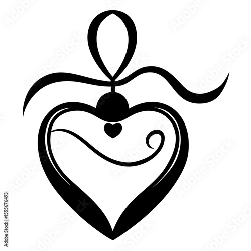 Heart shaped locket pendant with decorative ribbon black icon on white background.