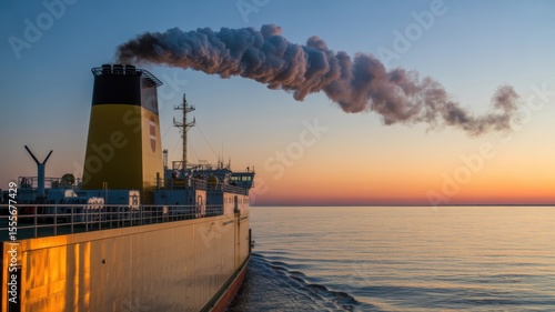 Cargo ship at sunset with smokestack emissions on calm sea