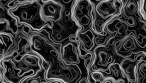 Seamless pattern inspired by physical geography and terrain relief. Abstract black and white topographic map illustration in vector style.