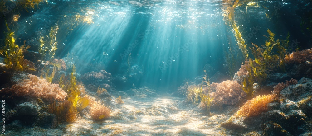 Obraz premium Deep blue tropical ocean scene with fish and coral reef