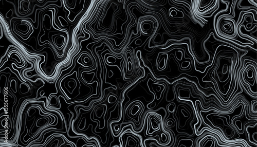 Seamless pattern inspired by physical geography and terrain relief. Abstract black and white topographic map illustration in vector style.