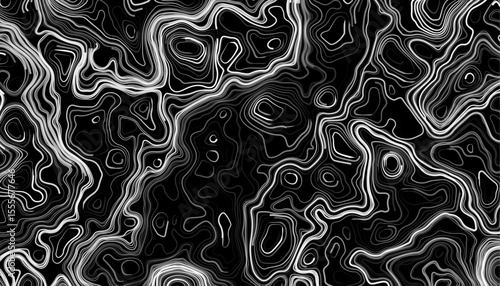 Seamless pattern inspired by physical geography and terrain relief. Abstract black and white topographic map illustration in vector style.