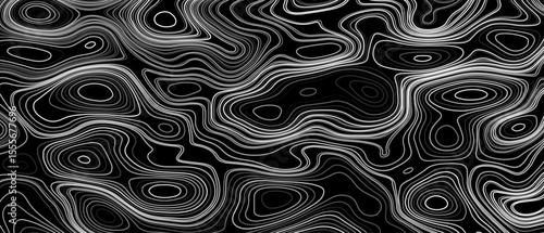 Seamless pattern inspired by physical geography and terrain relief. Abstract black and white topographic map illustration in vector style.