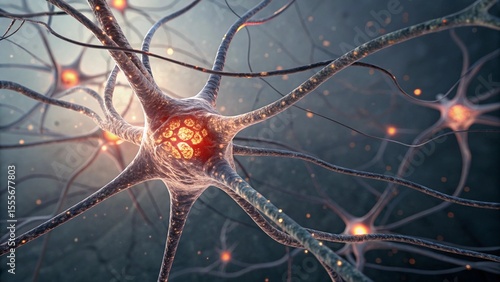 Glowing Nerve Cell in Complex Neural Network, Hyperrealistic 3D Anatomy