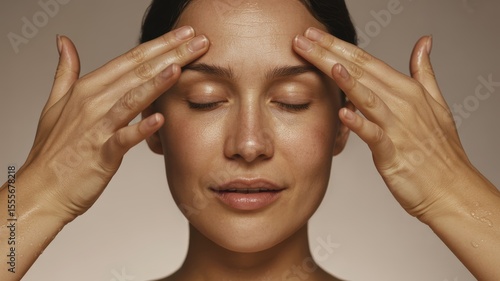 Young caucasian female performing facial massage skincare routine