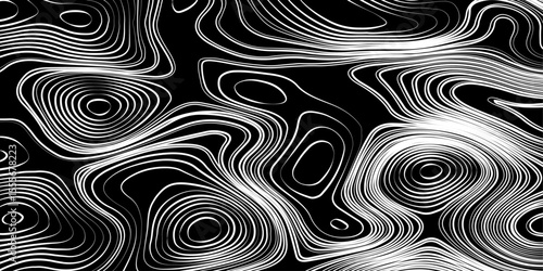 Seamless pattern inspired by physical geography and terrain relief. Abstract black and white topographic map illustration in vector style.