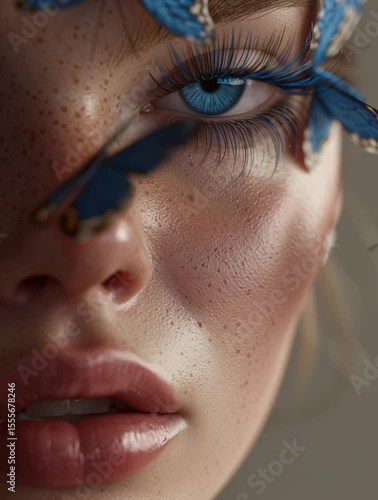 Close up portrait of young beautiful woman, blue eyes, blue butterflies
