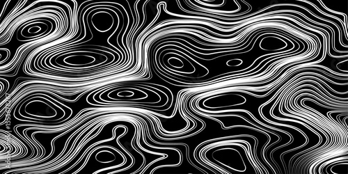 Seamless pattern inspired by physical geography and terrain relief. Abstract black and white topographic map illustration in vector style.