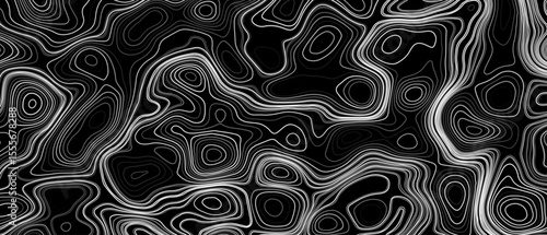 Seamless pattern inspired by physical geography and terrain relief. Abstract black and white topographic map illustration in vector style.