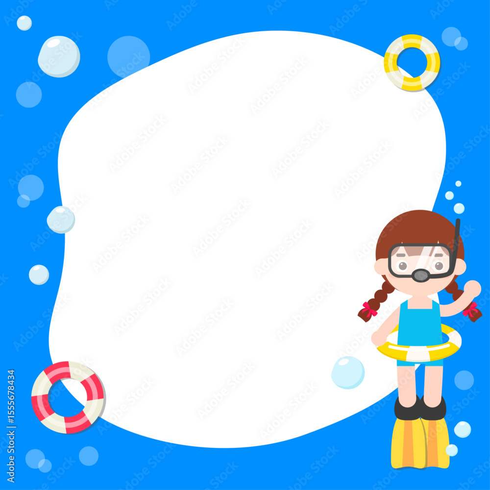 Obraz premium 물놀이를 즐기는 소녀의 바닷 속 일러스트. 메모지 배경 일러스트 디자인. 벡터 일러스트레이션.