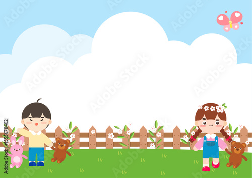 귀여운 소년, 소녀가 예쁜 꽃이 활짝 핀 정원에 서 있는 모습의 배경 일러스트 디자인. 벡터 일러스트레이션.