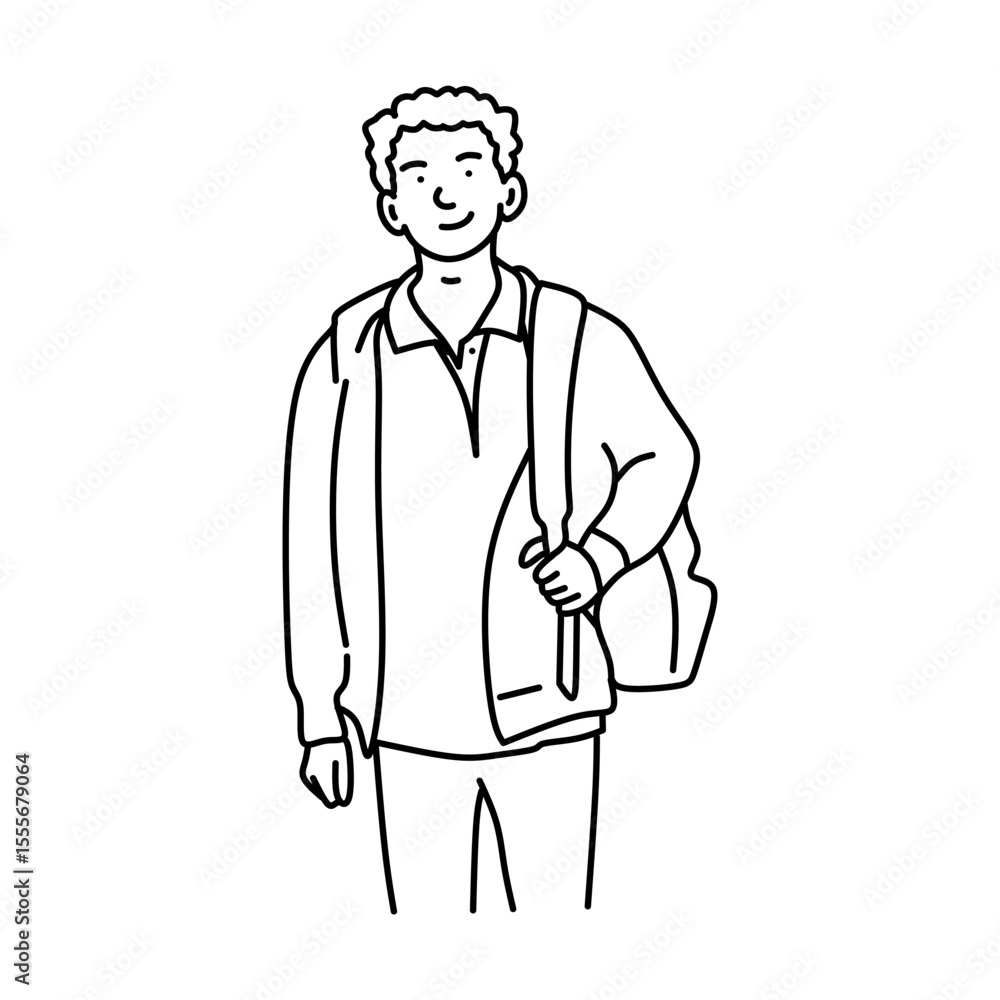 Cute line art cartoon of a male student carrying a bag. Vector cartoon Cute line art cartoon of a male student carrying a bag. Vector cartoon