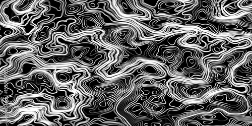 Seamless pattern inspired by physical geography and terrain relief. Abstract black and white topographic map illustration in vector style.