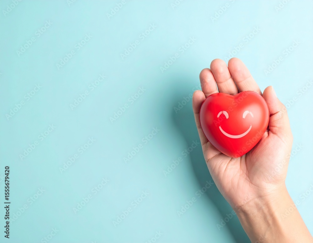 Fototapeta premium Smiling red heart in palm, light blue vintage background with copy space for message.