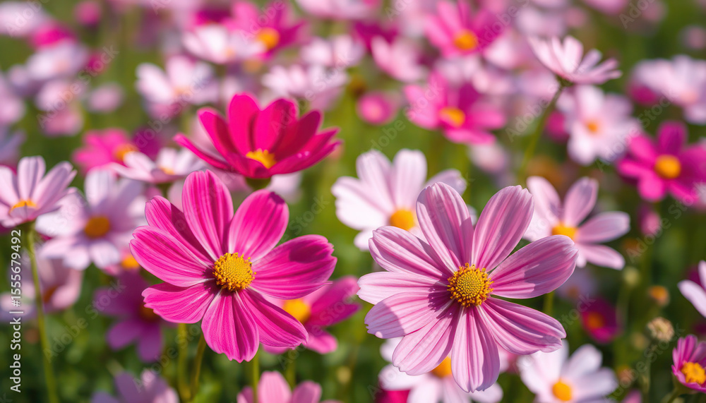 Close-up view of vibrant pink and white cosmos flowers in full bloom, showcasing their delicate petals. Close-up view of vibrant pink and white cosmos flowers in full bloom, showcasing their delicate petals.
