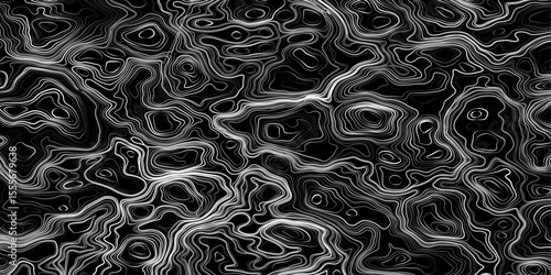 Seamless pattern inspired by physical geography and terrain relief. Abstract black and white topographic map illustration in vector style.