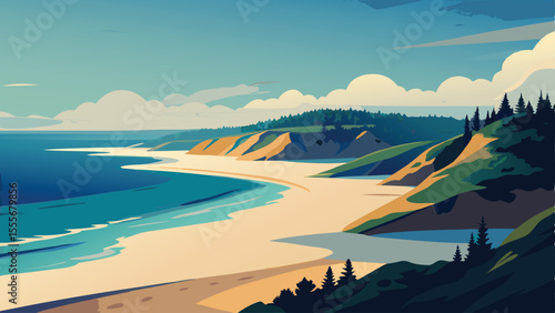 A view of a coastline with sandy beach and forested cliffs landscape illustration