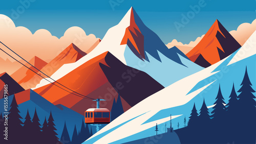 A view of snowy peaks with a gondola in a stylized setting landscape illustration
