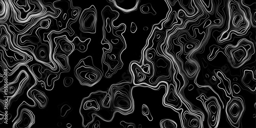 Seamless pattern inspired by physical geography and terrain relief. Abstract black and white topographic map illustration in vector style.