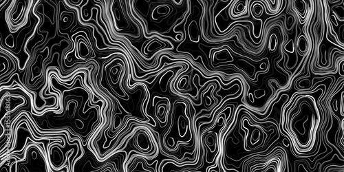 Seamless pattern inspired by physical geography and terrain relief. Abstract black and white topographic map illustration in vector style.