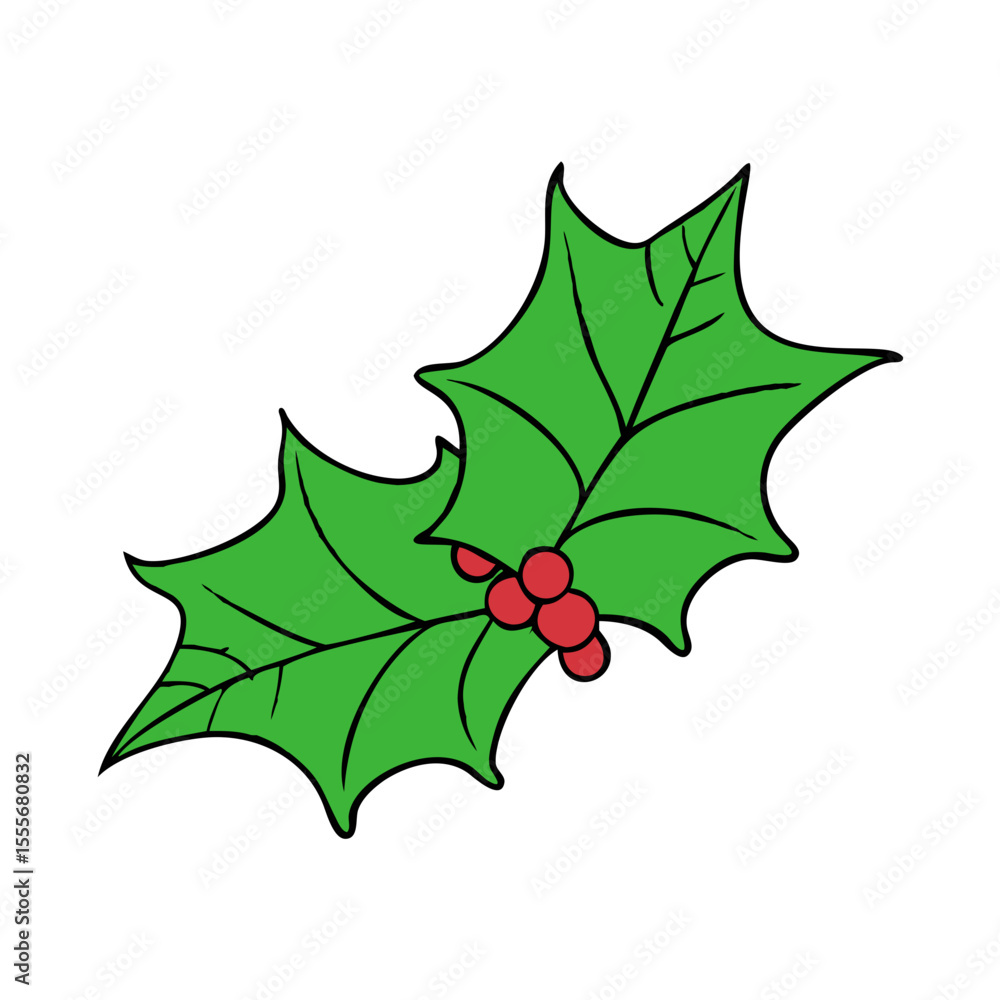 Fototapeta premium Simple cartoon illustration of holly leaves with red berries on a black background