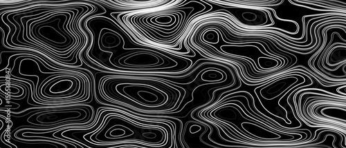 Seamless pattern inspired by physical geography and terrain relief. Abstract black and white topographic map illustration in vector style.