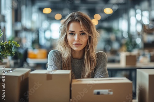Young employee packing her stuff on the desk in the office to leave work, transitioning to a new job for a promotion., Generative AI