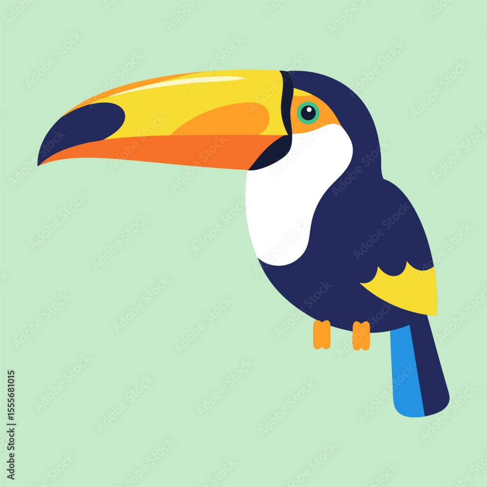 Naklejka premium Vibrant Flat Design Toucan Vector Illustration l Tropical Bird Cartoon Icon with Big Beak