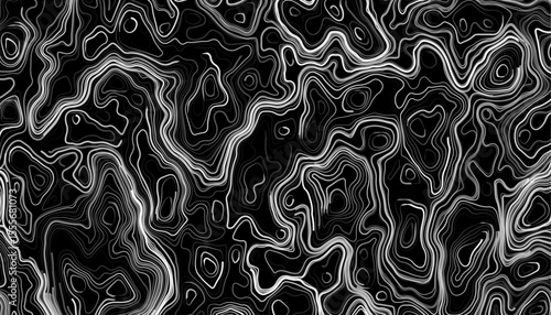 Seamless pattern inspired by physical geography and terrain relief. Abstract black and white topographic map illustration in vector style.