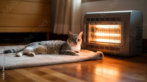 Cozy cat relaxing by heater on warm carpet in sunlit room