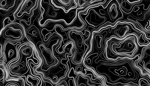 Seamless pattern inspired by physical geography and terrain relief. Abstract black and white topographic map illustration in vector style.