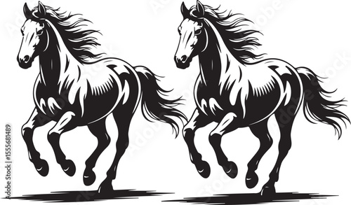 Dynamic Duo Galloping Stallions Black Silhouette Vector Illustration Art
