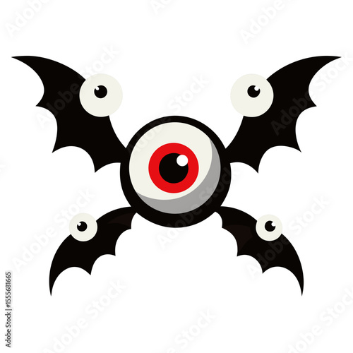 Cartoon flying eyeball with bat wings and multiple eyes