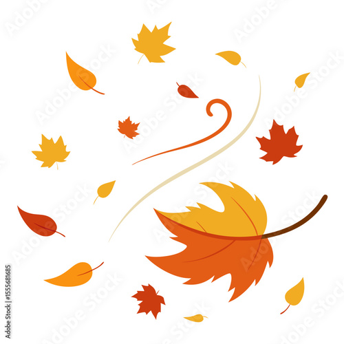 Autumn leaves falling and swirling in the wind with abstract curves